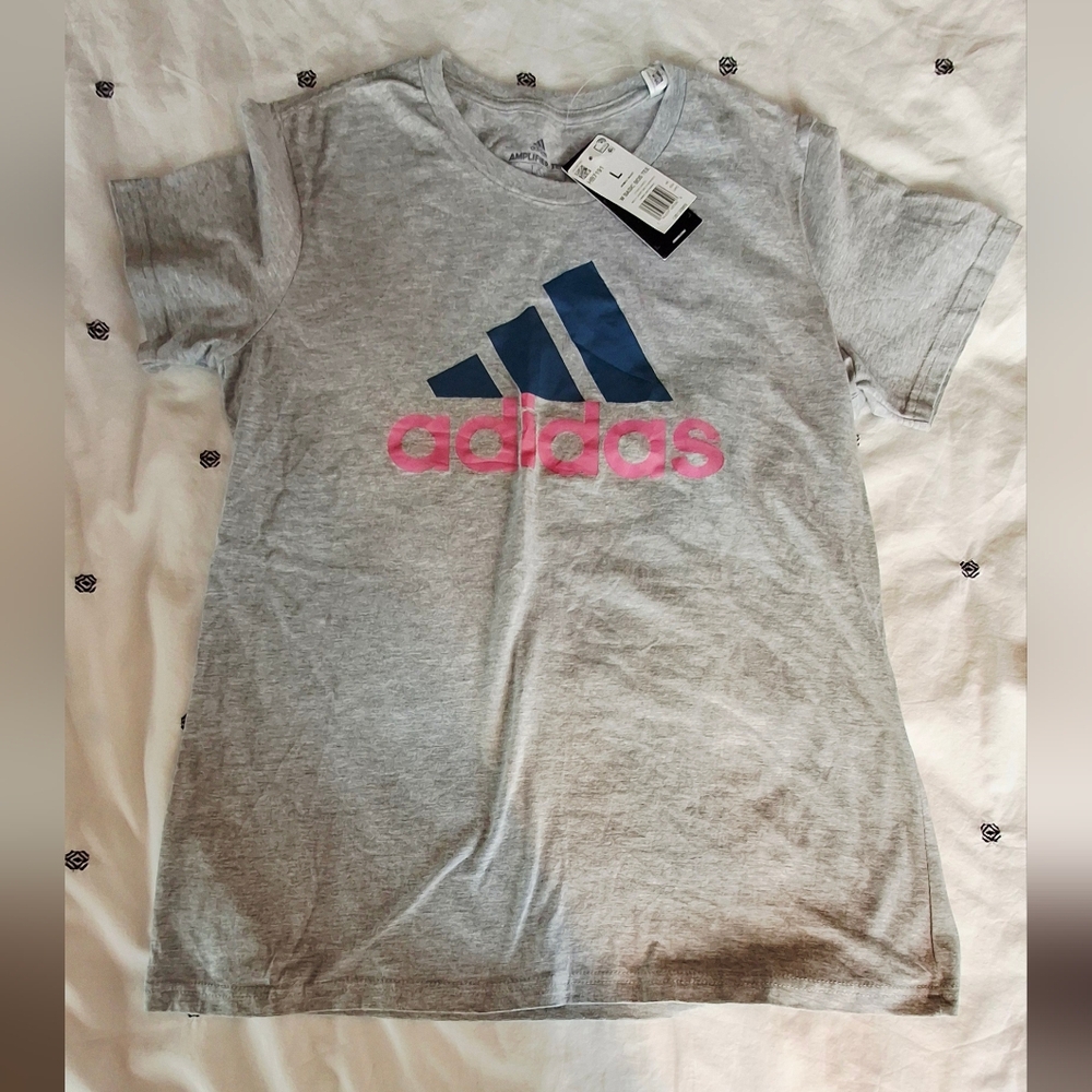 NWT! Adidas Women's Amplifier Gray Tee with Blue and Pink Logo